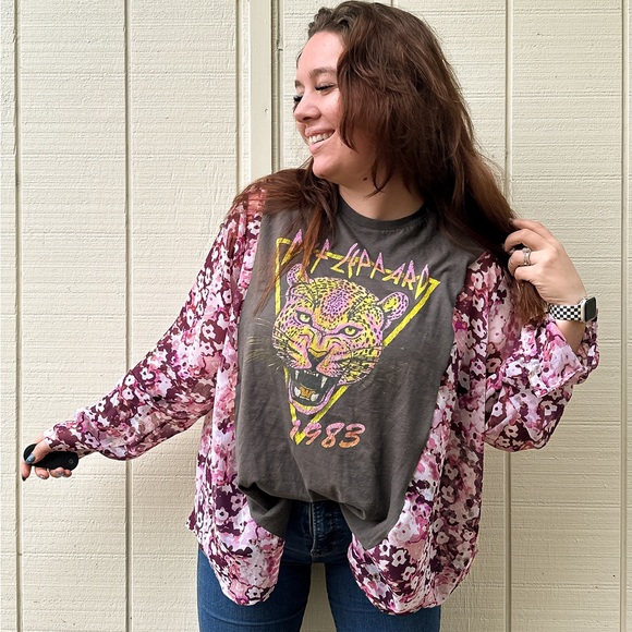 Hand Crafted Tops - SOLD Upcycle Def Leppard Boho Floral Semi Sheer Top Blouse - One Of A Kind